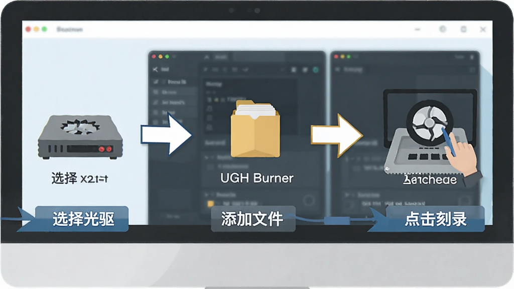 UGH Burner 新手操作流程图,主体为电脑屏幕展示软件操作步骤,布局为从左到右三步流程,排版清晰,风格为扁平化教程插图,细节包含选择光驱、添加文件、点击刻录三个步骤标识与箭头,画质高清,画面干净,无多余元素
