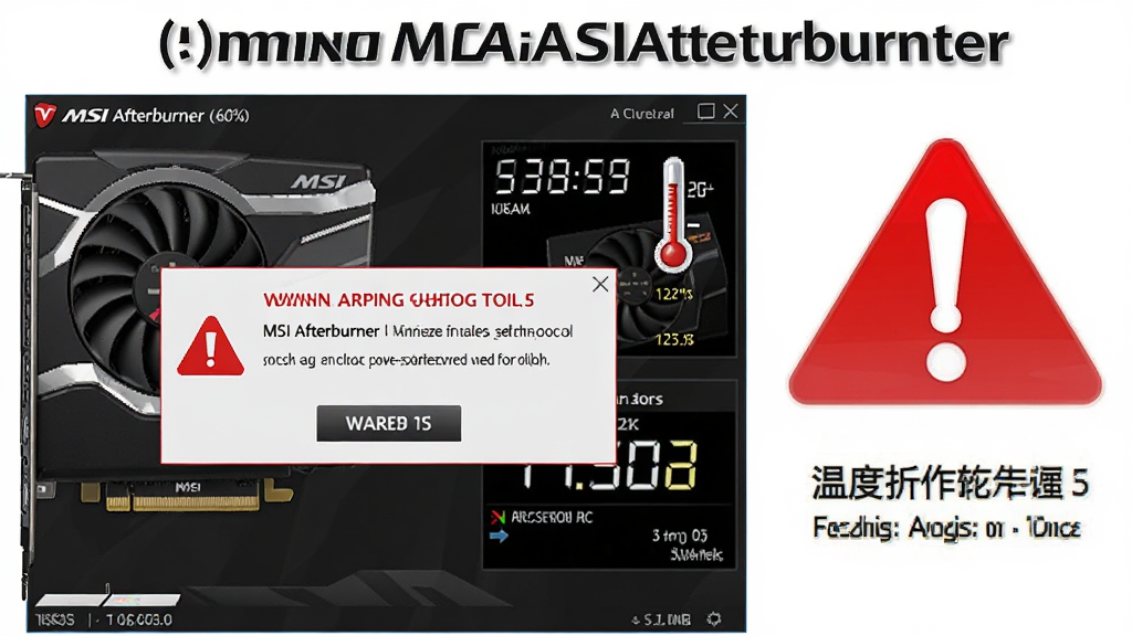 一张展示微星显卡超频工具(MSI Afterburner)新手操作提示的图片,主体为软件界面与警告提示框,布局为左侧软件窗口右侧红色警告图标,排版包含文字说明与温度数字,风格为教程类信息图,细节有红色感叹号、温度计图标、频率数值,画质高清,干净,无多余元素