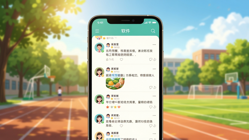 青春路上软件主界面展示,画面中央是一部智能手机,屏幕上显示着清新风格的社交动态流,背景是阳光明媚的校园操场,有绿树和蓝天,风格温暖治愈,细节丰富,画质清晰,干净无多余元素