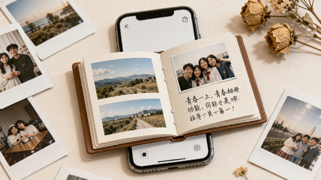 青春路上青春相册功能展示,画面中手机屏幕显示一本翻开的虚拟相册,相册页面上有风景照、合影和手写文字,周围散落着拍立得相纸和干花装饰,风格文艺复古,画质清晰,干净无多余元素