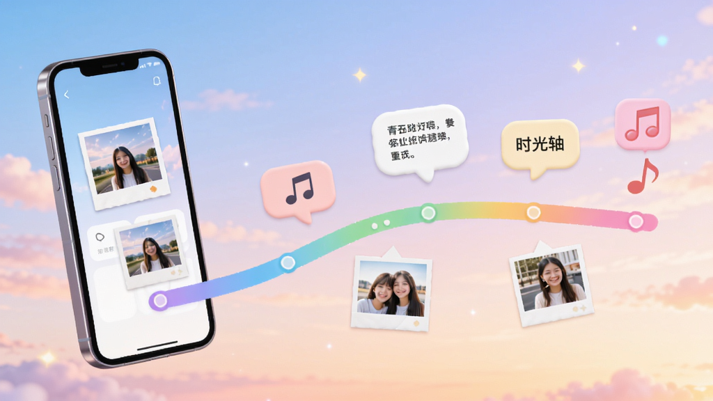 青春路上时光轴功能界面,画面展示一条从手机屏幕延伸出的彩色时间线,线上点缀着照片、文字气泡和音符图标,背景是柔和的渐变天空色,风格梦幻清新,画质细腻,干净无多余元素