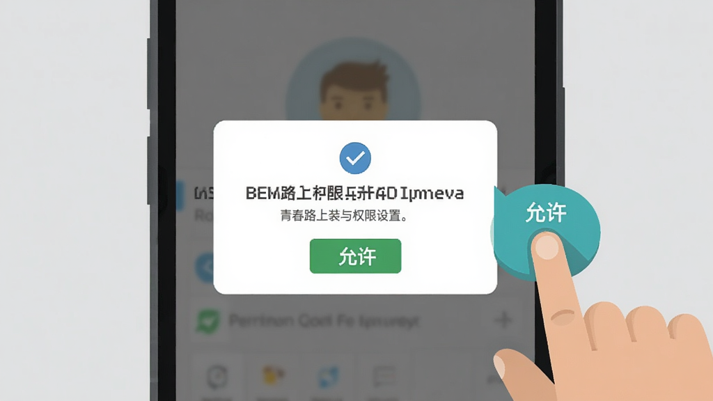 青春路上安装与权限设置示意图,画面展示一部手机屏幕,屏幕上弹出权限请求对话框,旁边有手指点击“允许”的图标,背景是简洁的浅灰色,风格扁平化,画质清晰,干净无多余元素