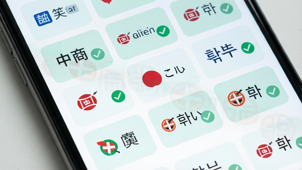 一张语译魔方多语种翻译功能展示图,主体为手机屏幕特写,屏幕上排列着多个语言标签如中文、英文、日文、韩文等,布局为网格状,排版整齐,风格为清新浅色系扁平化,细节包括语言图标与对勾选中状态,画质高清,干净,无多余元素