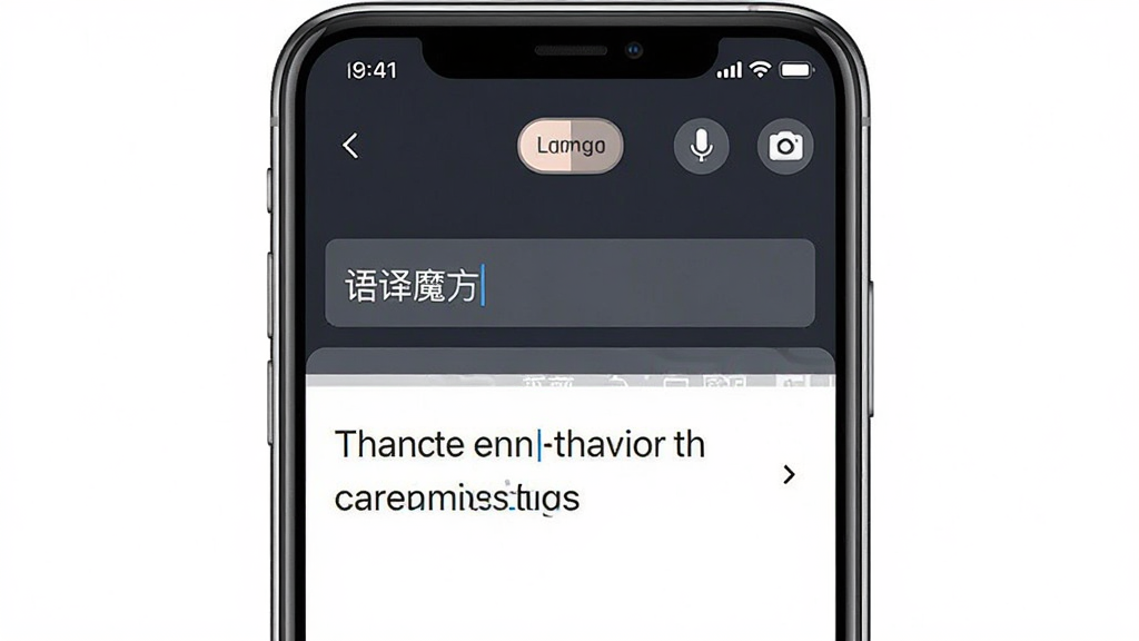 一张展示语译魔方软件界面的手机样机图,主体为居中放置的智能手机,屏幕显示语译魔方翻译界面,包含中文输入框与英文翻译结果,布局简洁,排版清晰,风格为现代科技感扁平化设计,细节包括顶部状态栏、语言切换按钮、麦克风与相机图标,画质高清,干净,无多余元素