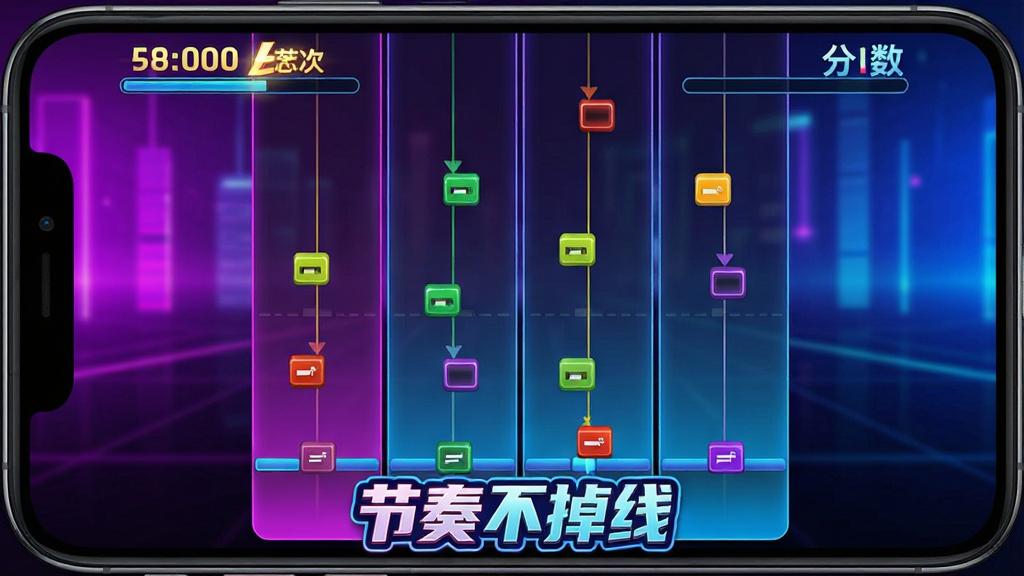 一张手机横屏游戏界面截图,画面中央是四条垂直音符轨道,彩色音符块正沿轨道下落,屏幕顶部显示连击数和分数,背景是霓虹紫色与蓝色渐变光效,底部有