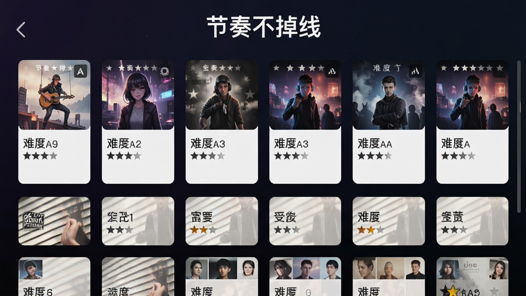一张音乐节奏游戏曲库选择界面截图,画面中排列着多张专辑封面卡片,每张卡片上有歌曲名称和难度星级标注,背景是深色渐变,顶部有