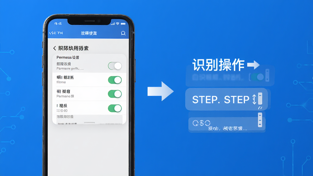 一张展示数毛应用使用指南的图片,画面中手机屏幕显示权限设置界面和识别操作步骤,背景为简洁的科技蓝,风格为信息图风格,细节包括权限开关、步骤箭头,画质清晰,干净,无多余元素