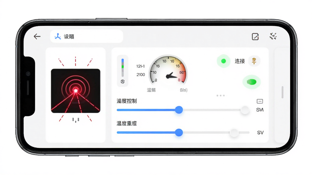 激光智联软件主界面全貌展示,主体为一台智能手机屏幕,屏幕内显示激光设备控制面板与参数调节滑块,布局为居中构图,排版清晰展示软件功能模块,风格为现代科技感UI设计,细节包括激光发射图标、温度监控仪表、连接状态指示灯,画质高清,画面干净,无多余元素