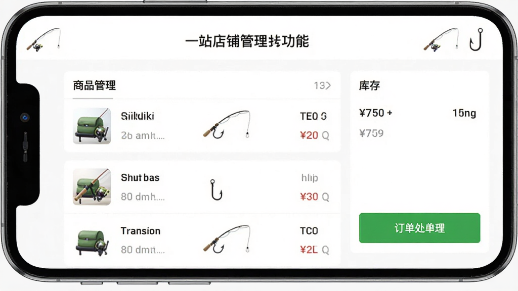 微钓商户端一站式店铺管理功能界面,手机屏幕显示商品管理列表和库存数量,旁边有订单处理按钮,背景为白色,布局整齐,风格简洁商务,细节有钓鱼竿和鱼钩图标点缀,画质清晰,干净,无多余元素