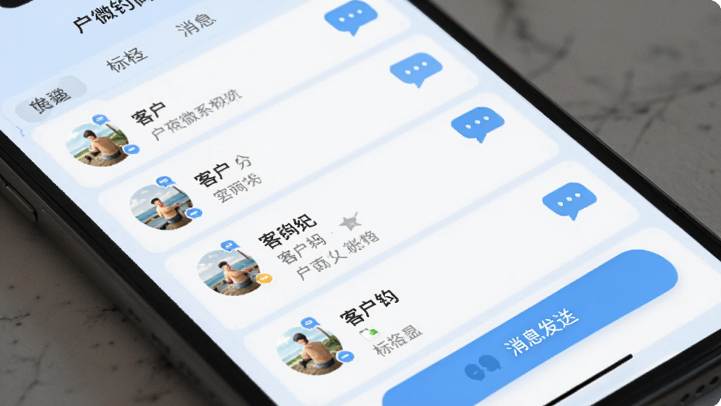 微钓商户端客户关系管理界面,手机屏幕显示客户列表和标签分类,有消息发送按钮,背景为淡蓝色,布局简洁,风格友好,细节有对话气泡图标,画质清晰,干净,无多余元素