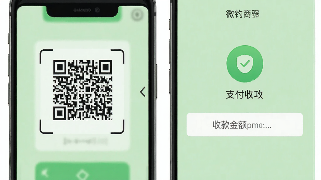 微钓商户端移动收银功能界面,手机屏幕显示扫码框和收款金额输入框,背景为浅绿色,布局简洁,风格快捷,细节有支付成功图标,画质清晰,干净,无多余元素