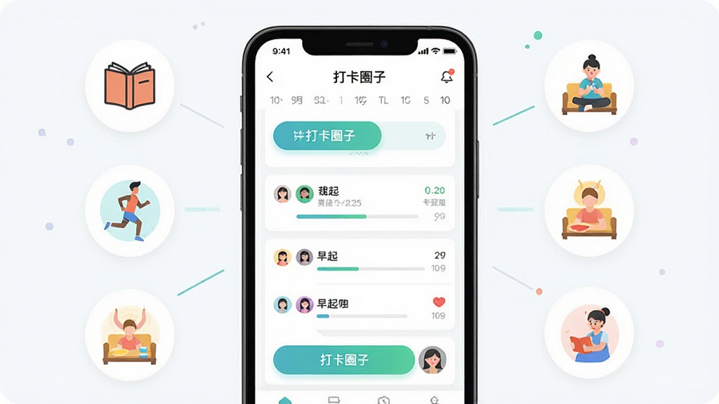 一张展示小打卡-社群互动学习平台主界面的手机截图风格插画,画面中央是一部智能手机,屏幕显示打卡圈子列表和打卡日历界面,周围环绕着读书、跑步、早起等打卡场景的小图标,布局简洁清晰,风格为现代扁平化UI设计,细节包括打卡按钮、进度条和社交互动头像,画质高清,干净无多余元素