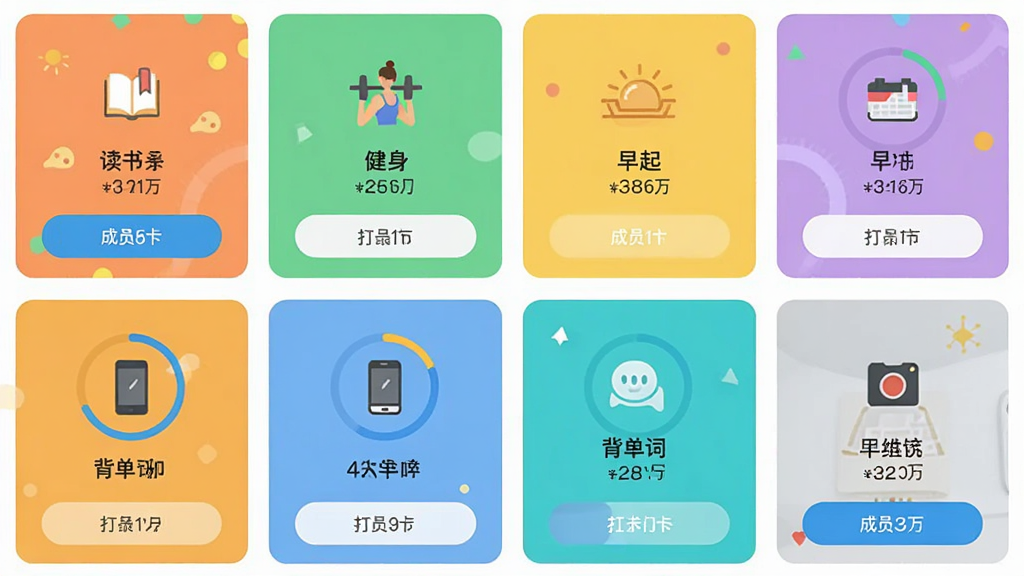 一幅展示小打卡-社群互动学习平台中多个打卡圈子并列排列的界面概念图,画面以网格形式呈现不同主题的圈子卡片,包括读书、健身、早起、背单词等,每张卡片上有对应的图标和成员数量,布局整齐有序,风格为明亮清新的扁平化设计,细节包含进度环和打卡按钮,画质清晰,干净无多余元素