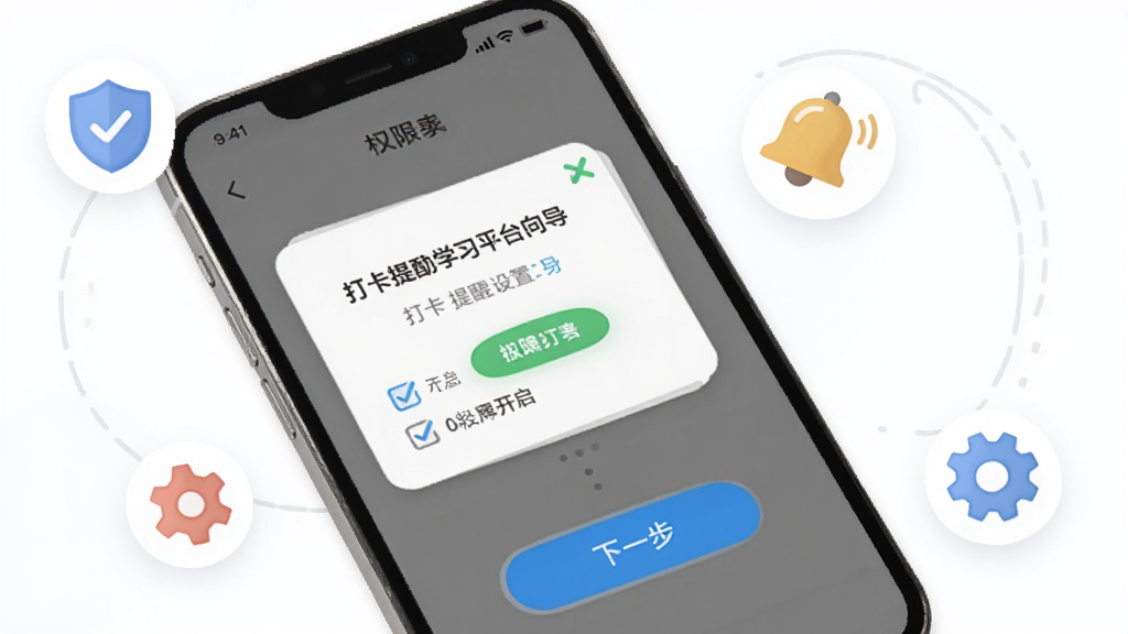 一张展示小打卡-社群互动学习平台新手引导页面的手机界面示意图,画面中手机屏幕显示权限开启提示和打卡提醒设置向导,周围有盾牌、铃铛、齿轮等小图标,布局简洁,风格为友好的引导式UI设计,细节包含勾选框和下一步按钮,画质高清,干净无多余元素