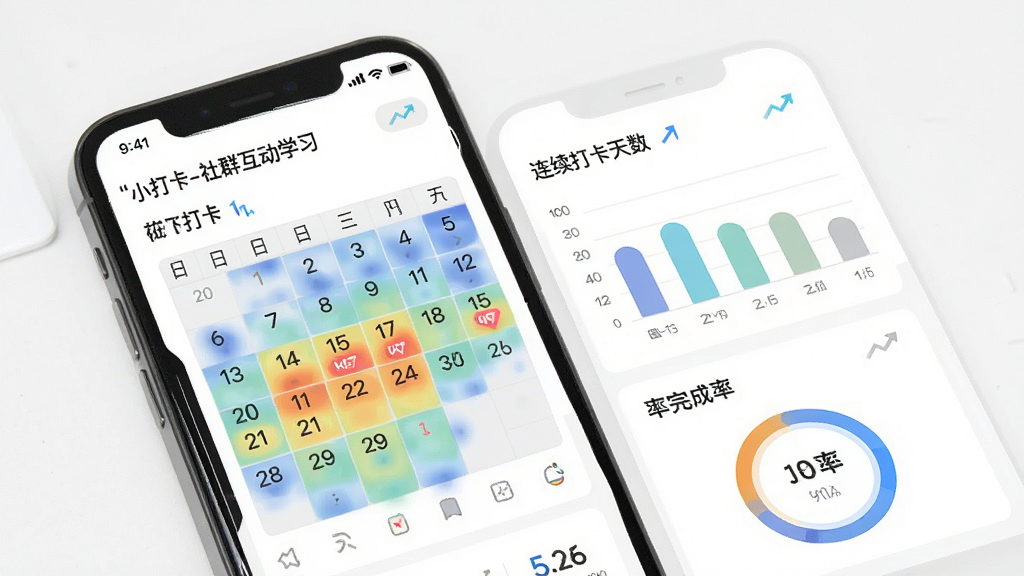 一幅展示小打卡-社群互动学习平台数据统计页面的概念图,画面以手机屏幕为主体,显示打卡日历热力图、连续打卡天数、圈子排名柱状图和完成率环形图,布局清晰,风格为清爽的数据可视化设计,细节包含数字标签和趋势箭头,画质高清,干净无多余元素
