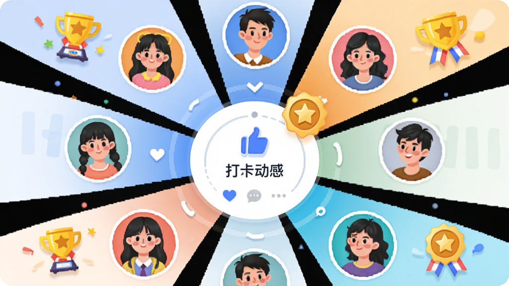 一张展示小打卡-社群互动学习平台社群互动界面的插画,画面中多位用户头像围绕一个中心打卡动态,显示点赞、评论和徽章图标,布局呈放射状,风格为活泼的社交化UI设计,细节包含排行榜奖杯和成就勋章,画质清晰,干净无多余元素