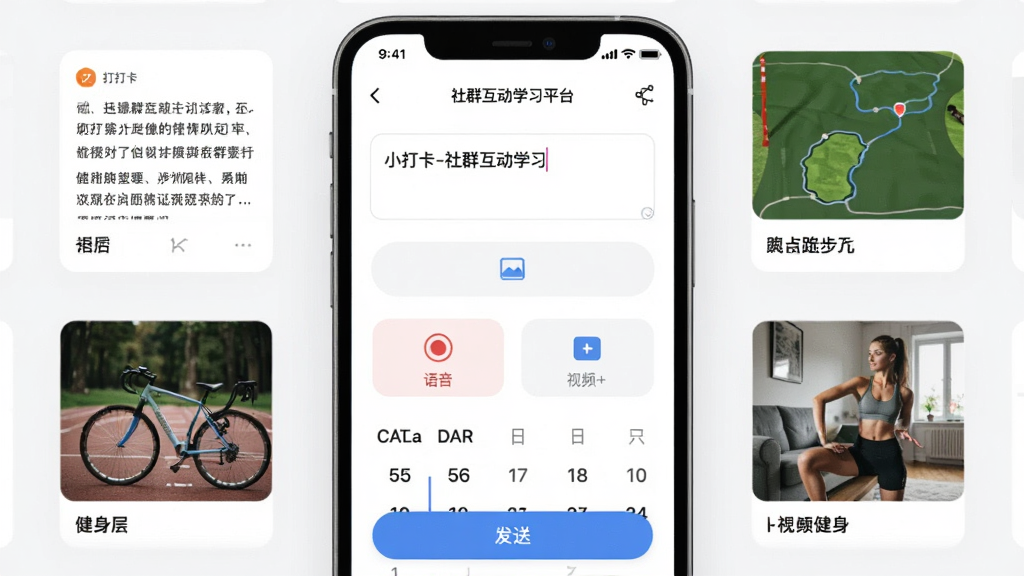 一张展示小打卡-社群互动学习平台打卡编辑界面的示意图,画面中央是手机屏幕,显示文字输入框、图片上传按钮、语音录制按钮和视频添加图标,周围有书摘、跑步轨迹、健身照片等示例缩略图,布局清晰,风格为现代简约UI,细节包含发送按钮和打卡日历标记,画质高清,干净无多余元素