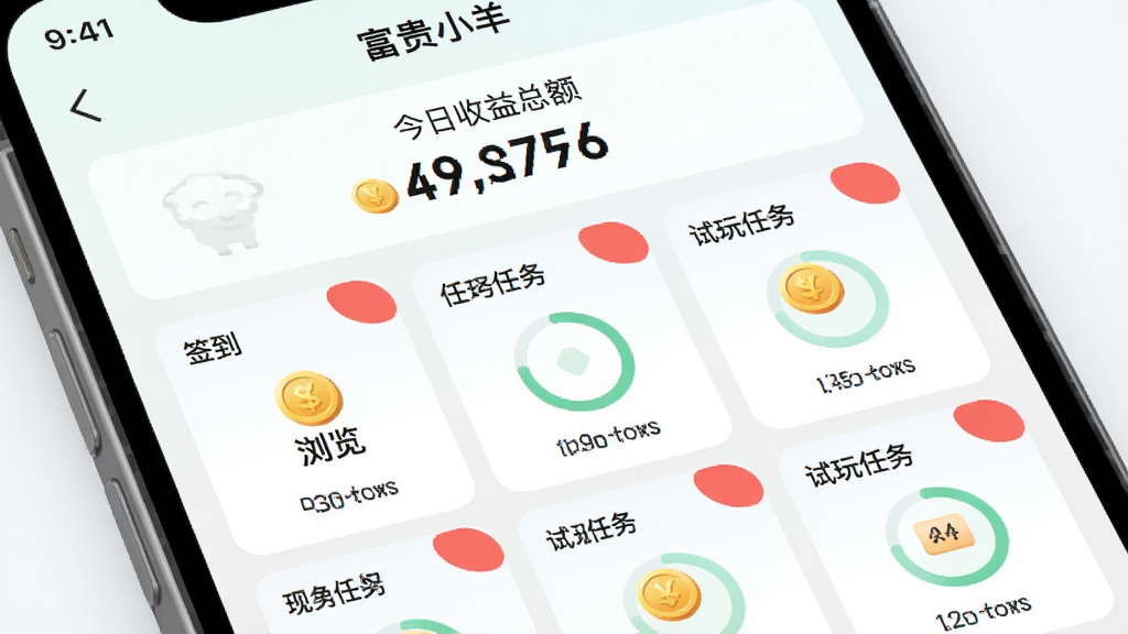 软件名称“富贵小羊”任务中心页面,主体为手机屏幕内展示多种任务卡片,布局为网格排列,排版为顶部显示今日收益总额,下方依次为签到、浏览、试玩任务入口,风格为清新浅色系UI,细节包含金币图标、进度圆环、红色角标,画质高清,干净,无多余元素