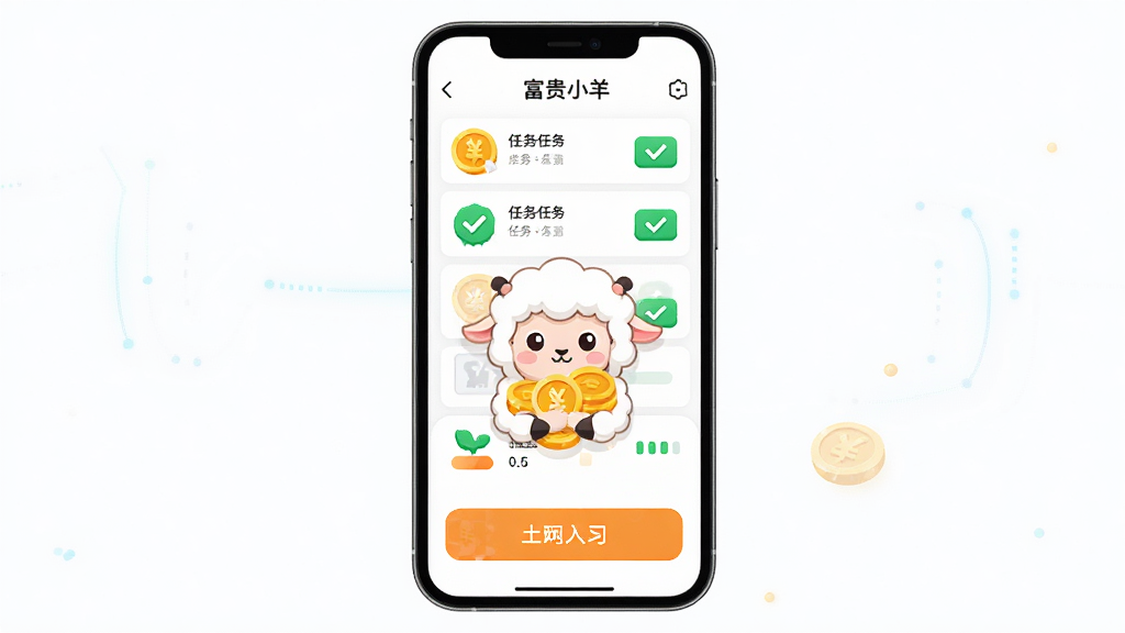 软件名称“富贵小羊”主界面展示,主体为一只卡通小羊抱着金币的图标,布局为居中展示手机屏幕,屏幕内显示任务列表与收益进度条,排版简洁清晰,风格为扁平化卡通科技风,细节包含金色硬币、绿色任务勾选按钮、橙色提现入口,画质高清,干净,无多余元素