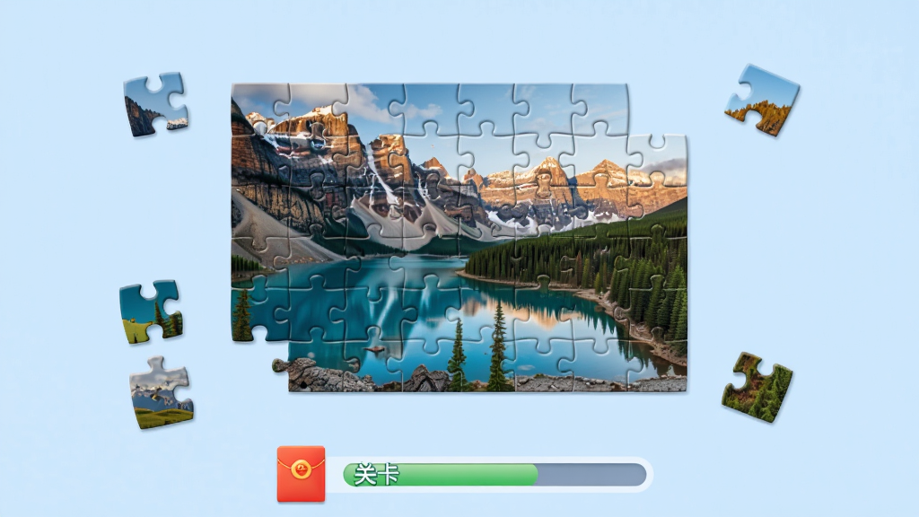 天天爱拼图 软件主界面展示,画面中央是一幅正在拼合的风景拼图,四周散落着待放置的碎片,背景是柔和的浅蓝色,界面底部有红包图标和关卡进度条,整体风格清新休闲,布局清晰,细节精致,画质高清,干净无多余元素
