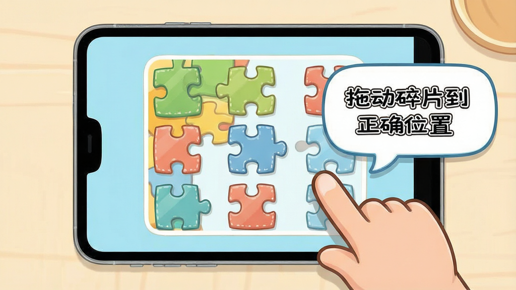 天天爱拼图 新手引导界面,画面中一位卡通手指正指向屏幕上的拼图碎片,旁边有文字气泡提示“拖动碎片到正确位置”,背景是简洁的浅色桌面,风格友好教学,布局清晰直观,细节明了,画质高清,干净无多余元素