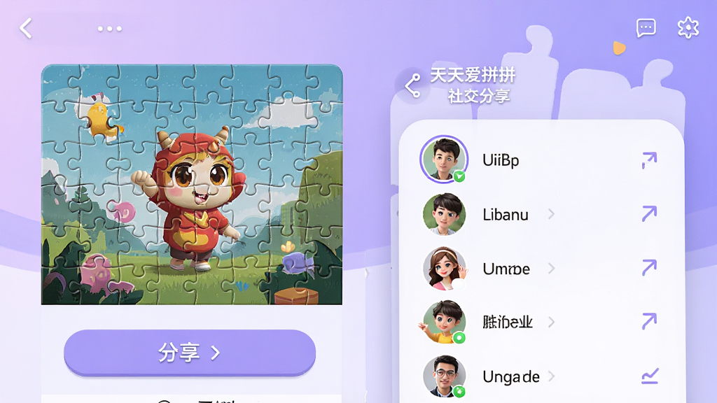 天天爱拼图 社交分享界面,画面中展示一幅已完成的拼图作品,下方有分享按钮和好友排行榜列表,头像与昵称清晰可见,背景是柔和的渐变紫色,风格社交化,布局层次分明,细节精致,画质高清,干净无多余元素