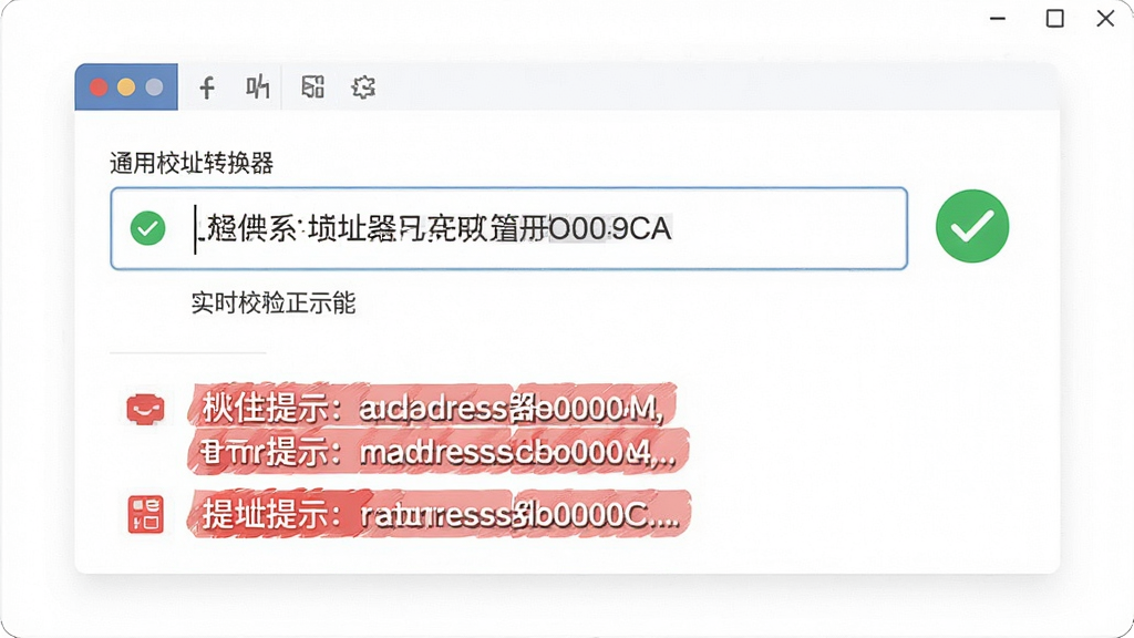 一张展示通用地址转换器实时校验功能的图片,画面中软件界面显示输入框内有一串地址,旁边出现绿色对勾表示格式正确,下方有错误提示示例用红色标注,背景为白色简洁风格,排版清晰,风格为扁平化UI设计,细节包括校验状态图标和提示文字,画质清晰,干净无多余元素