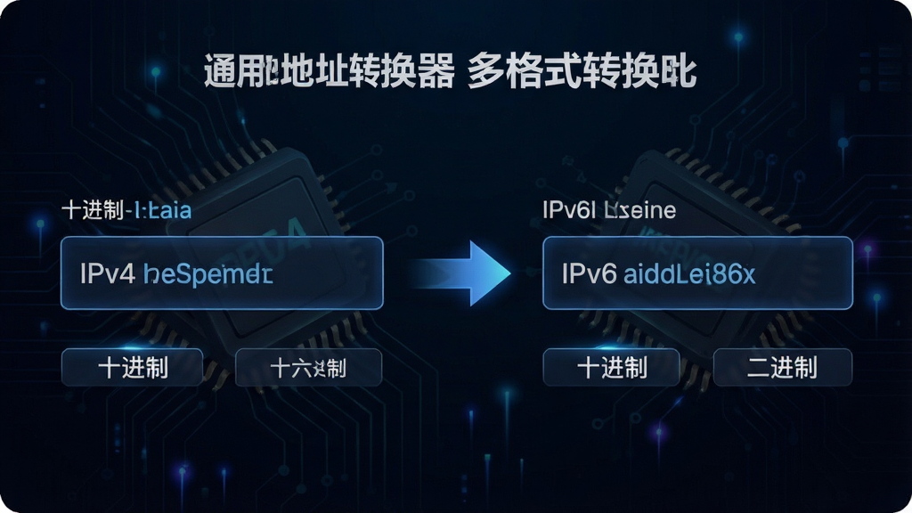 一张展示通用地址转换器多格式转换功能的图片,画面左侧为IPv4地址输入框,右侧为IPv6地址输出框,中间用箭头连接表示转换过程,背景为深色科技感渐变,排版采用左右对称布局,风格为现代简约科技风,细节包括多种格式标签如“十进制”“十六进制”“二进制”,画质清晰,干净无多余元素