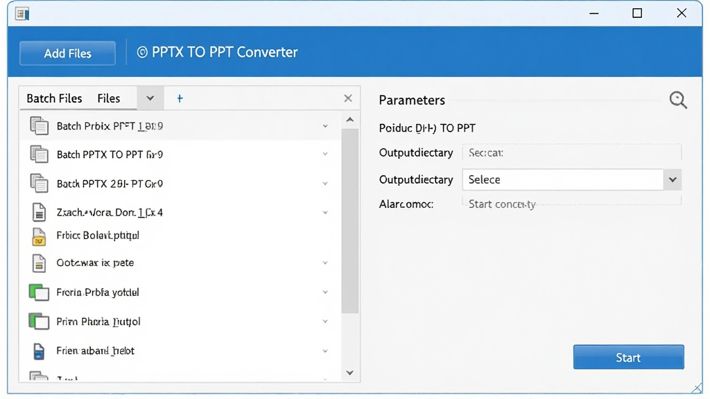 一张展示 Batch PPTX TO PPT Converter 软件主界面的图片,主体为软件窗口位于画面中央,布局采用左右分栏,左侧为文件列表区,右侧为转换参数设置区,排版清晰规整,风格为现代简约商务风,细节包括蓝色标题栏、添加文件按钮、输出目录选择框以及开始转换按钮,画质清晰干净无多余元素