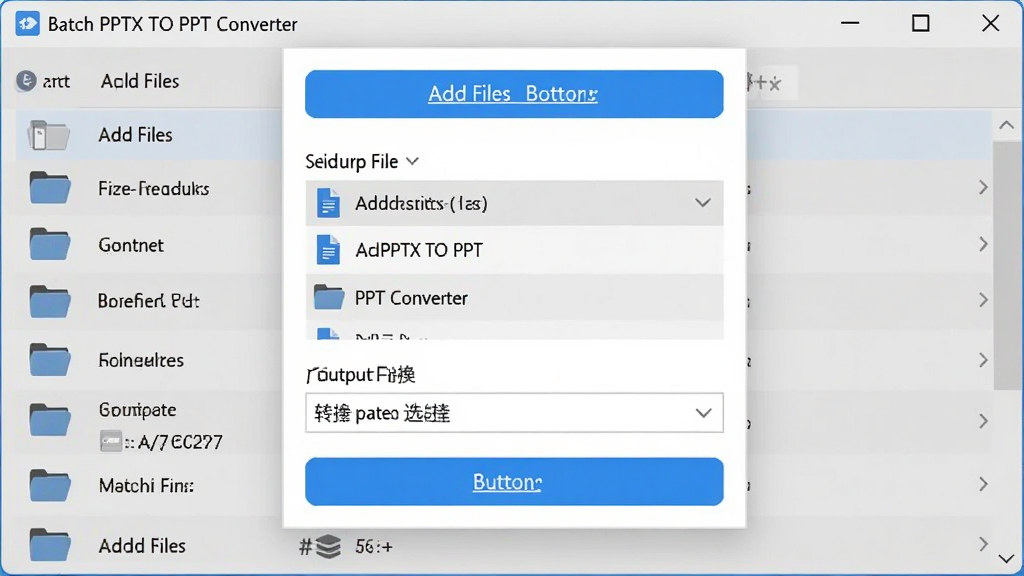一幅展示软件操作界面的 AI 生图,主体为 Batch PPTX TO PPT Converter 软件窗口,布局为中央弹窗式,排版从上到下依次为添加文件按钮、文件列表、输出路径选择、转换按钮,风格为清爽浅色 UI 设计,细节包括蓝色主按钮、灰色文件列表背景、文件夹图标,画质清晰干净无多余元素