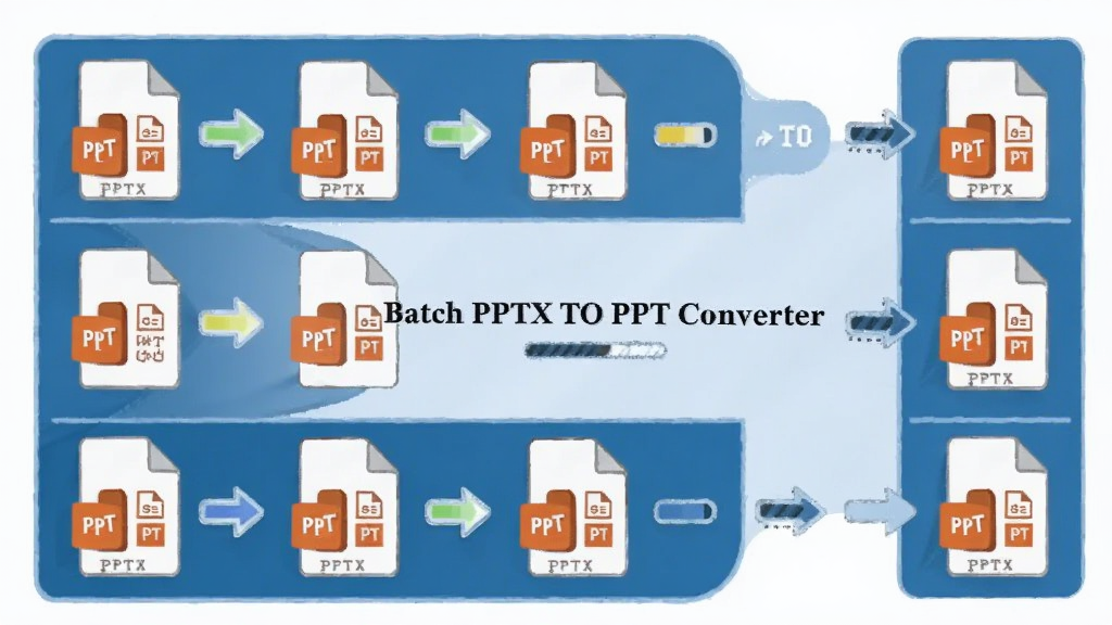一幅展示批量文件转换概念的 AI 生图,主体为多个 PPTX 文件图标排列进入转换通道,布局为横向流水线式,排版左侧为输入文件队列右侧为输出 PPT 文件队列,风格为扁平化科技插画,细节包括文件图标上的文字标签、转换箭头、进度条元素,画质清晰干净无多余元素,图片中央可带文字