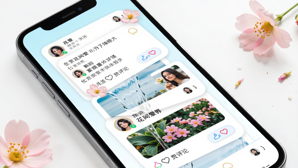 花间爱动态广场页面预览图,主体为手机屏幕,屏幕内展示瀑布流动态卡片,卡片包含用户头像、文字内容、图片和点赞评论按钮,布局错落有致,排版活泼,风格清新明快,细节有花朵点缀,画质高清,干净,无多余元素