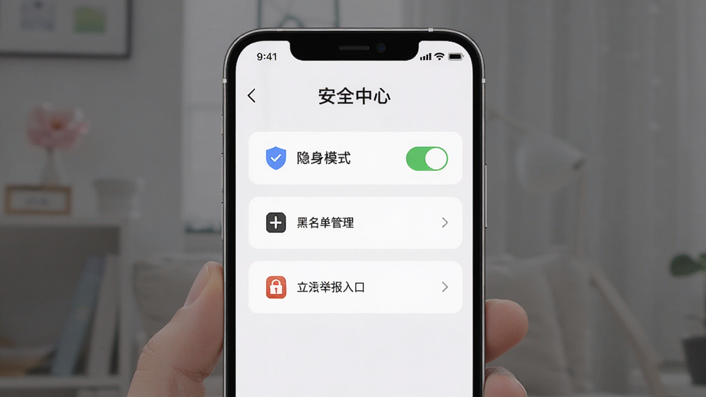 花间爱隐私安全设置界面图,主体为手机屏幕,屏幕内显示安全中心页面,包含隐身模式开关、黑名单管理、举报入口等选项,布局清晰,排版简洁,风格沉稳可信,细节有盾牌与锁形图标,画质高清,干净,无多余元素