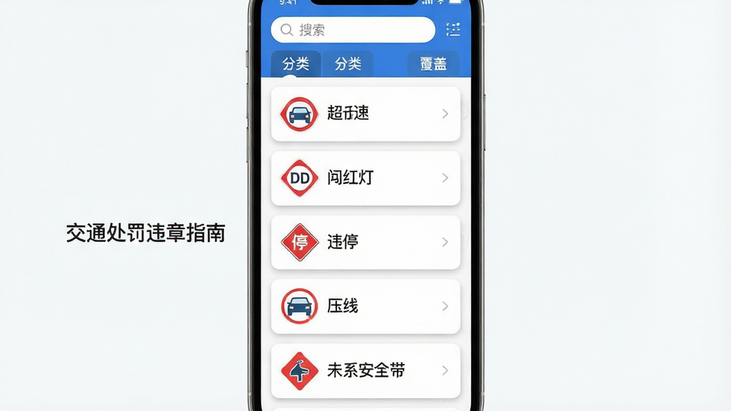 一张展示交通处罚违章指南违章类型全覆盖功能的界面截图风格图片,画面主体为手机屏幕,屏幕上以卡片列表形式展示超速、闯红灯、违停、压线、未系安全带等多种违章类型图标和文字说明,每个卡片配有对应的交通标志小图标;布局采用纵向滚动列表式,顶部有搜索框和分类标签;风格为清爽的移动端UI设计,配色以白色背景搭配蓝色主色调和红色警示色;细节上卡片有轻微阴影,图标为扁平化风格,文字清晰可读;画质高清,画面干净,无多余元素,图片中打文字“交通处罚违章指南”