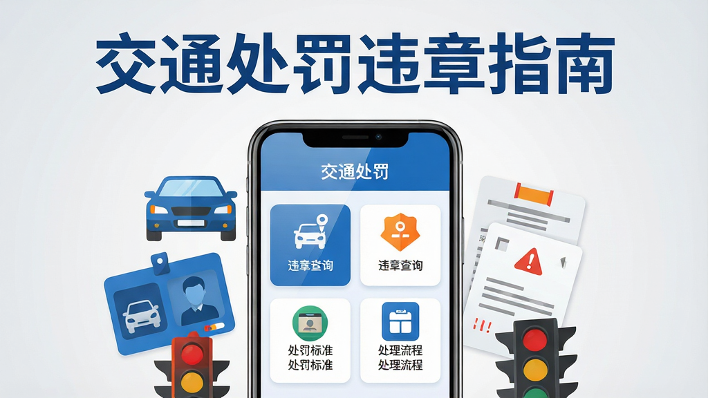 一张展示交通处罚违章指南软件核心功能的宣传图,画面中央放置一部智能手机,手机屏幕上显示交通处罚违章指南APP的首页界面,界面中包含违章查询、处罚标准、处理流程等模块图标;手机周围环绕着汽车、驾驶证、罚单、红绿灯等交通元素;整体布局采用中心对称式构图,上方用醒目大字标注“交通处罚违章指南”;风格为扁平化科技风,配色以蓝色和白色为主,辅以橙色警示点缀;细节上手机屏幕有轻微反光,图标清晰锐利,背景为干净的浅灰色渐变;画质高清,画面干净,无多余元素