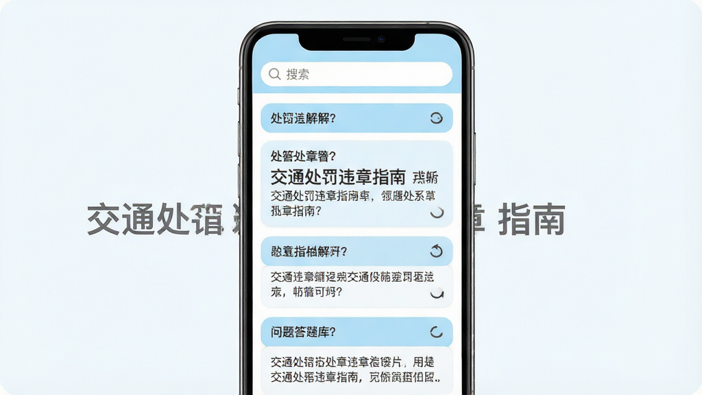 一张展示交通处罚违章指南常见问题答疑库功能的界面截图风格图片,画面主体为手机屏幕,屏幕上显示问答列表界面,每个问题以折叠面板形式呈现,展开后显示详细解答文字;布局采用纵向列表式,顶部有搜索框;风格为清新浅色风,配色以浅蓝色和白色为主,文字为深灰色;细节上面板有圆角,展开状态有箭头旋转动画示意,背景干净简洁;画质高清,画面干净,无多余元素,图片中打文字“交通处罚违章指南”