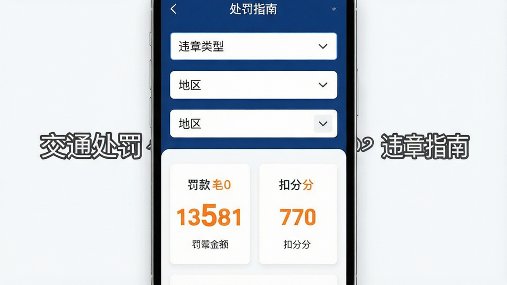 一张展示交通处罚违章指南处罚标准实时查功能的界面截图风格图片,画面主体为手机屏幕,屏幕上显示处罚标准查询结果页面,包含违章类型下拉菜单、地区选择器以及罚款金额和扣分分值的醒目展示;布局采用上下结构,上方为筛选条件,下方为结果卡片;风格为商务简约风,配色以深蓝色和白色为主,辅以橙色高亮关键数据;细节上数字加粗放大,地区选择器有下拉箭头,背景干净无杂乱;画质高清,画面干净,无多余元素,图片中打文字“交通处罚违章指南”