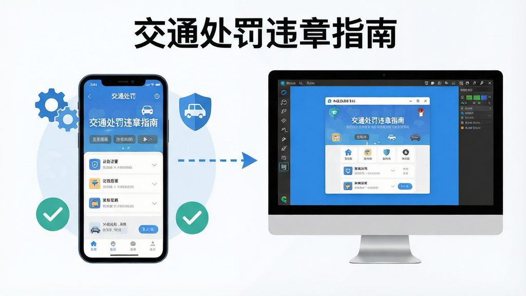 一张展示交通处罚违章指南使用指南与操作技巧的示意图,画面主体为一部手机和一台电脑并排摆放,手机屏幕上显示交通处罚违章指南的应用界面,电脑屏幕上显示安卓模拟器运行同一应用的画面;布局采用左右对比式构图,左侧手机、右侧电脑,中间用虚线箭头连接表示数据同步;风格为扁平化插画风,配色以蓝色、白色和浅灰色为主;细节上手机周围有齿轮、盾牌、对勾等小图标表示设置与安全,电脑屏幕有模拟器窗口边框;画质高清,画面干净,无多余元素,图片中打文字“交通处罚违章指南”
