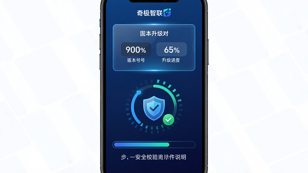 手机屏幕显示“奇极智联”固件升级界面,包含版本号对比、升级进度环、安全校验盾牌图标,布局采用上下结构,上方为版本信息卡片,下方为进度条与说明文字,风格为科技感深蓝渐变,细节包含发光边框、百分比数字、校验动画,画质高清干净无多余元素