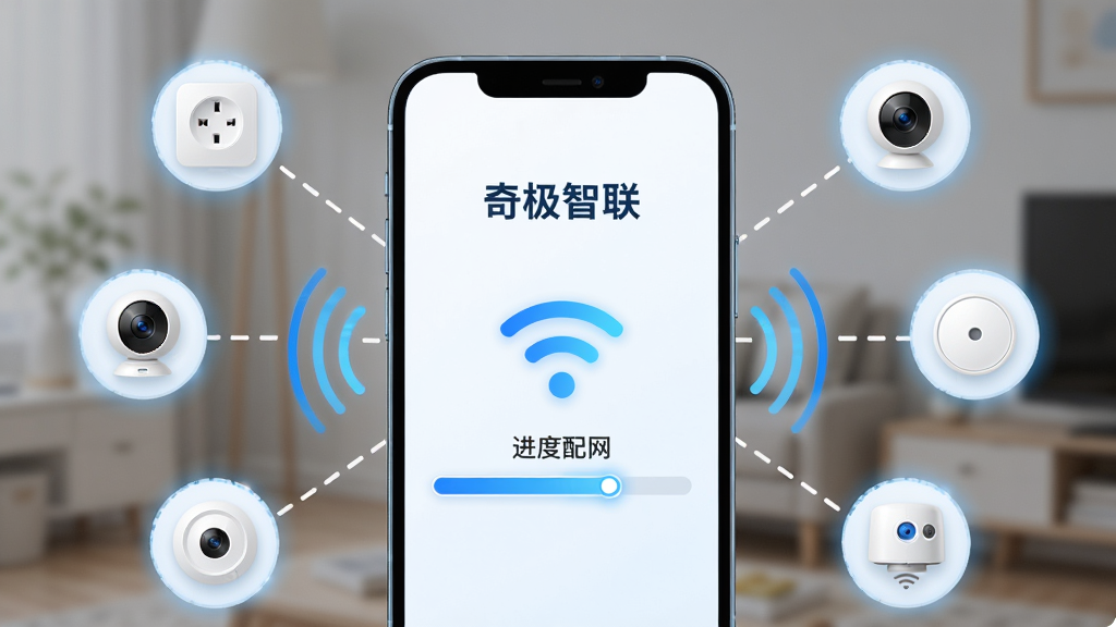 手机屏幕显示“奇极智联”一键配网进度条与Wi-Fi图标,周围有智能插座、摄像头、传感器等小图标以虚线连接至手机,构图采用中心放射式排版,风格为清爽科技蓝白配色,细节包含进度动画、信号波纹、设备微光效果,画质高清干净无杂乱元素