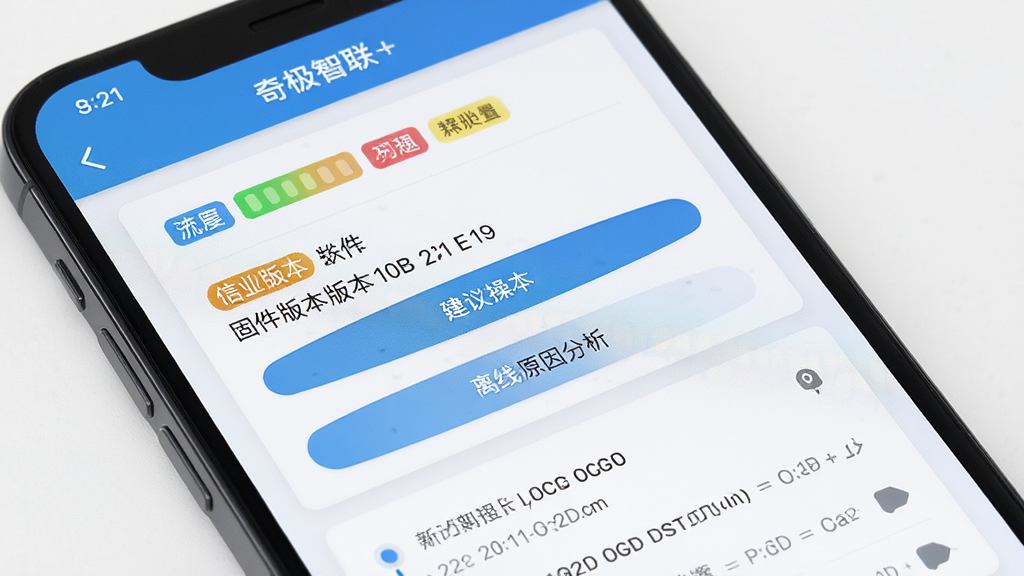 手机屏幕显示“奇极智联”设备诊断页面,包含信号强度指示、固件版本信息、离线原因分析列表,布局采用从上到下滚动式排版,风格为浅色卡片式UI,细节包含彩色状态标签、建议操作按钮、日志时间线,画质清晰干净无多余元素