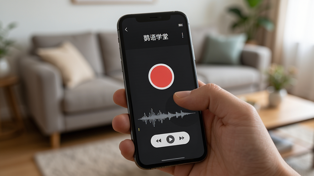 一只手拿着手机,手机屏幕显示鹦语学堂的录音界面,界面中央有一个醒目的红色圆形录音按钮,下方有波形图和对比播放按钮,背景为模糊的客厅环境,光线柔和,风格生活化摄影,细节清晰展示手指与屏幕接触,画质高清,干净无多余元素