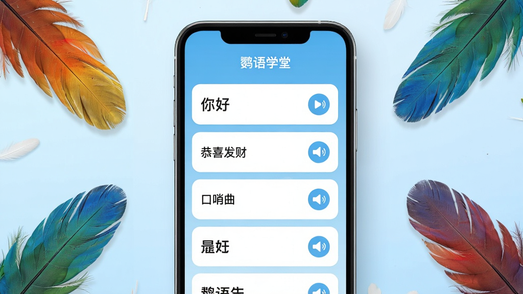 手机屏幕特写展示鹦语学堂APP的音频列表界面,列表中排列着你好、恭喜发财、口哨曲等条目,每一条目带有播放按钮和小喇叭图标,背景为浅蓝色渐变,画面中央为手机,四周散落几根彩色鹦鹉羽毛作为点缀,风格扁平化UI展示,细节精致,画质清晰,干净无多余元素