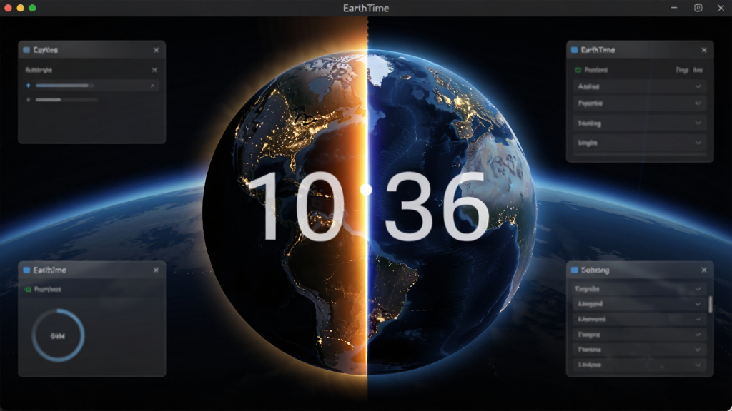 EarthTime软件界面截图风格,主体为3D地球模型展示昼夜分界线,布局为全屏居中,排版包含地球与时间数字叠加,风格为现代科技感,细节有晨昏线渐变、城市光点、半透明UI面板,画质清晰,干净,无多余元素