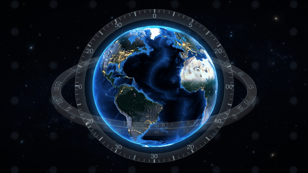 软件名称 EarthTime 3D地球时钟,主体为蓝色发光地球仪漂浮在深空背景中,布局为居中放置,排版简洁,风格为科技感写实,细节包括地球表面大陆轮廓清晰、城市灯光点点、周围环绕半透明时间刻度环,画质高清,干净,无多余元素