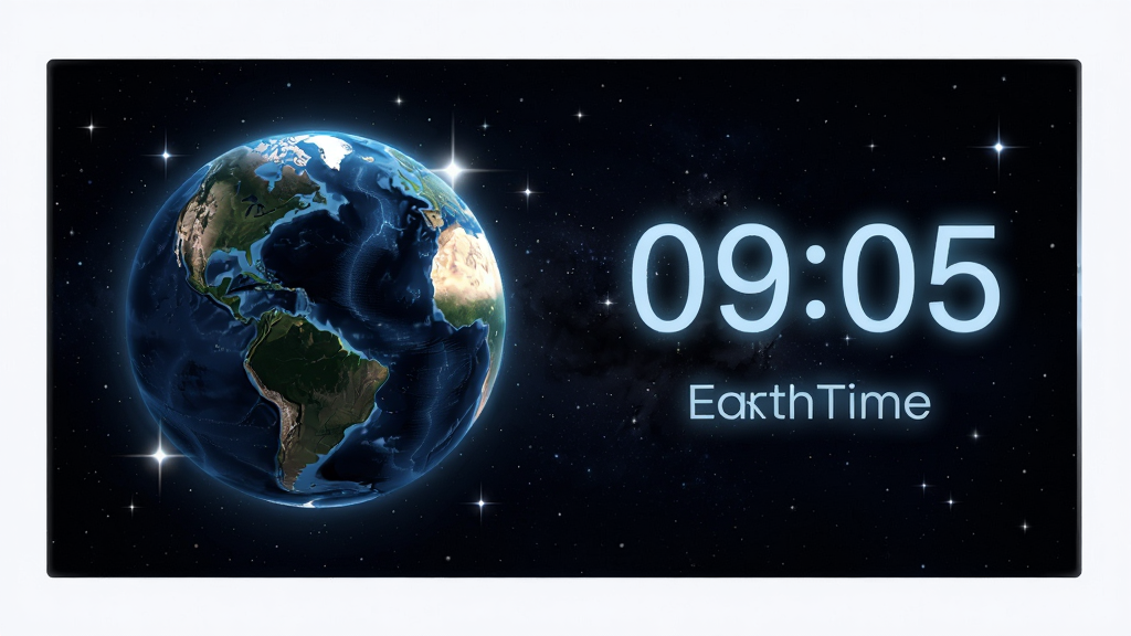 EarthTime屏保模式效果图,主体为暗色星空背景下发光地球与数字时钟,布局为宽屏横向,排版左侧地球右侧时间信息,风格为极简科幻,细节有星光闪烁、地球纹理细腻、字体发光柔和,画质高清,干净,无多余元素