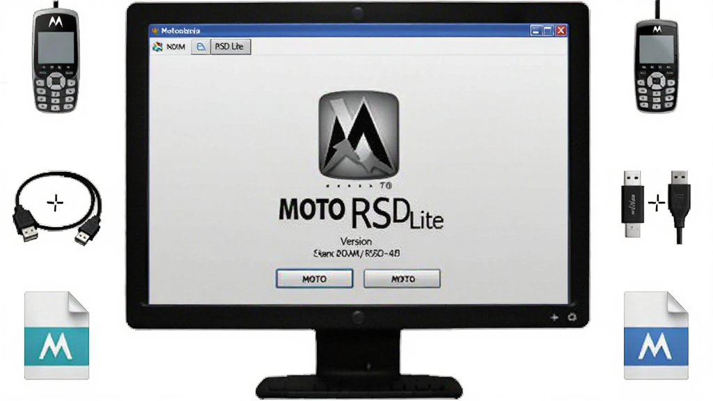 一张展示 MOTO RSD Lite 软件启动界面的图片,画面主体是电脑屏幕,屏幕中央显示 MOTO RSD Lite 的官方Logo和版本信息,周围环绕着摩托罗拉手机、USB数据线和固件文件图标,布局采用居中对称式,风格为简洁科技风,细节包括软件界面上的按钮和文字,画质高清,干净,无多余元素