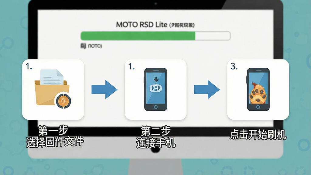 一张展示 MOTO RSD Lite 一键刷机操作流程的图片,画面分为三个步骤图标:第一步选择固件文件,第二步连接手机,第三步点击开始刷机,图标下方有箭头连接,背景是电脑屏幕显示刷机进度条,布局为流程图式,风格为扁平化设计,细节包括步骤文字和图标,画质高清,干净,无多余元素