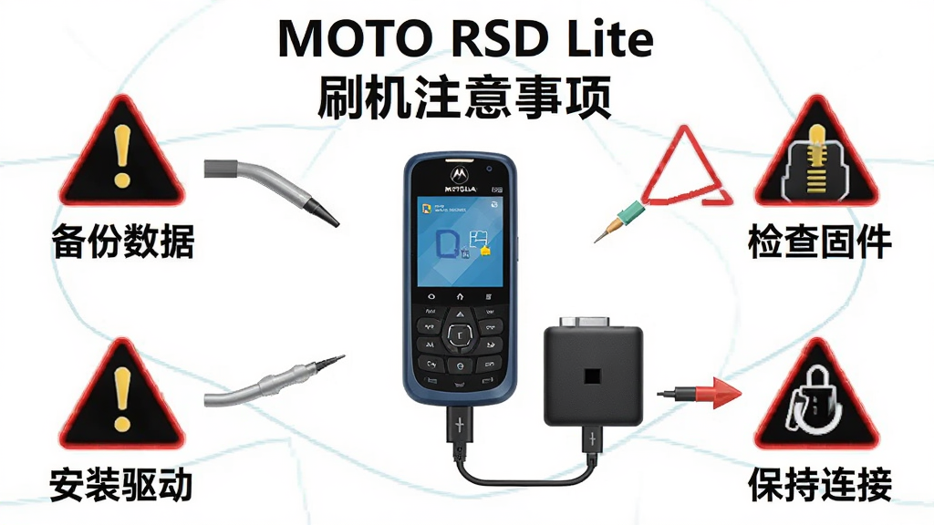一张展示 MOTO RSD Lite 刷机注意事项的图片,画面中央是一台摩托罗拉手机和电脑连接,周围有多个警示图标和文字标签,分别标注备份数据、检查固件、安装驱动、保持连接,布局为环绕式,风格为信息图风,细节包括图标和文字说明,画质高清,干净,无多余元素