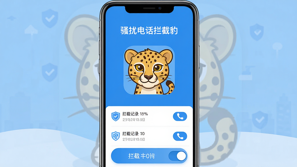 手机屏幕居中显示骚扰电话拦截豹应用界面,主体为一只卡通猎豹图标,布局采用上下结构,上方为软件名称“骚扰电话拦截豹”,下方展示拦截记录列表与拦截开关按钮,排版整齐清晰,风格为扁平化科技蓝配色,细节包含盾牌、电话图标与拦截标识,画质高清,干净,无多余元素